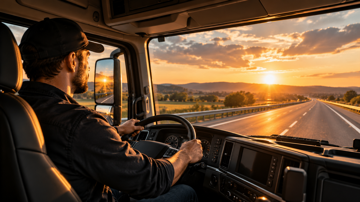 Berufskraftfahrer im Fahrerhaus mit Blick in den Sonnenuntergang